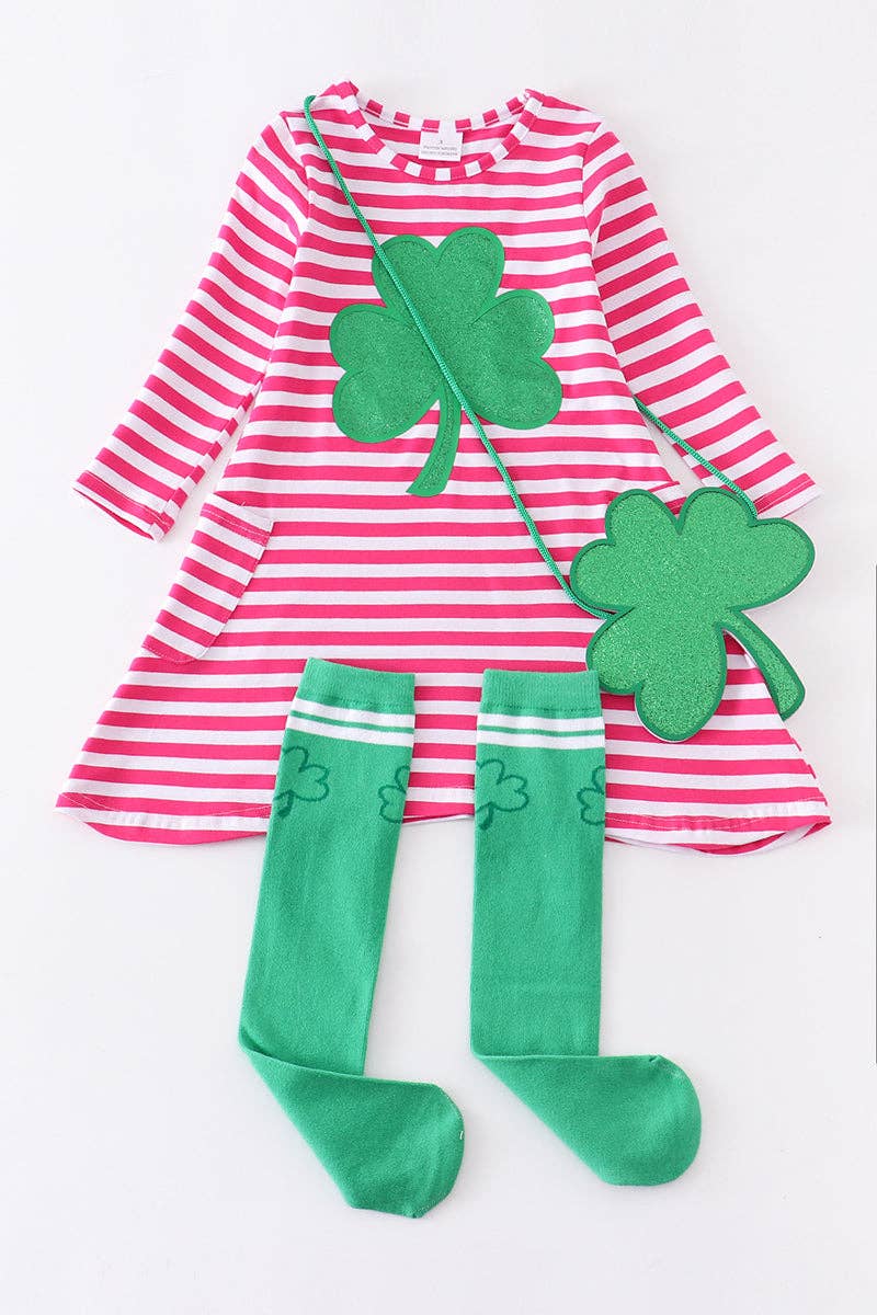Pink stripe clover dress 3pc girl set