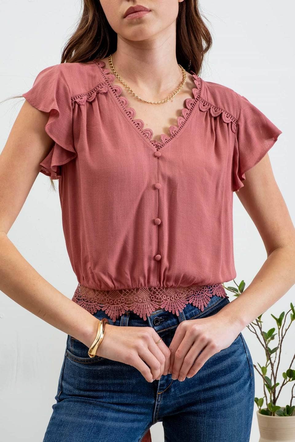 SCALLOP LACE TRIM BACK TIE CROP TOP