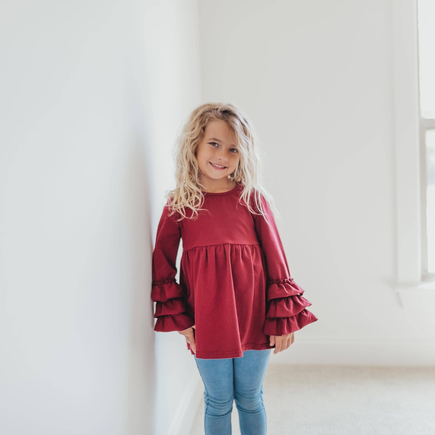 Kids Wine 3 Ruffle Sleeve Blouse Fall Winter Shirt