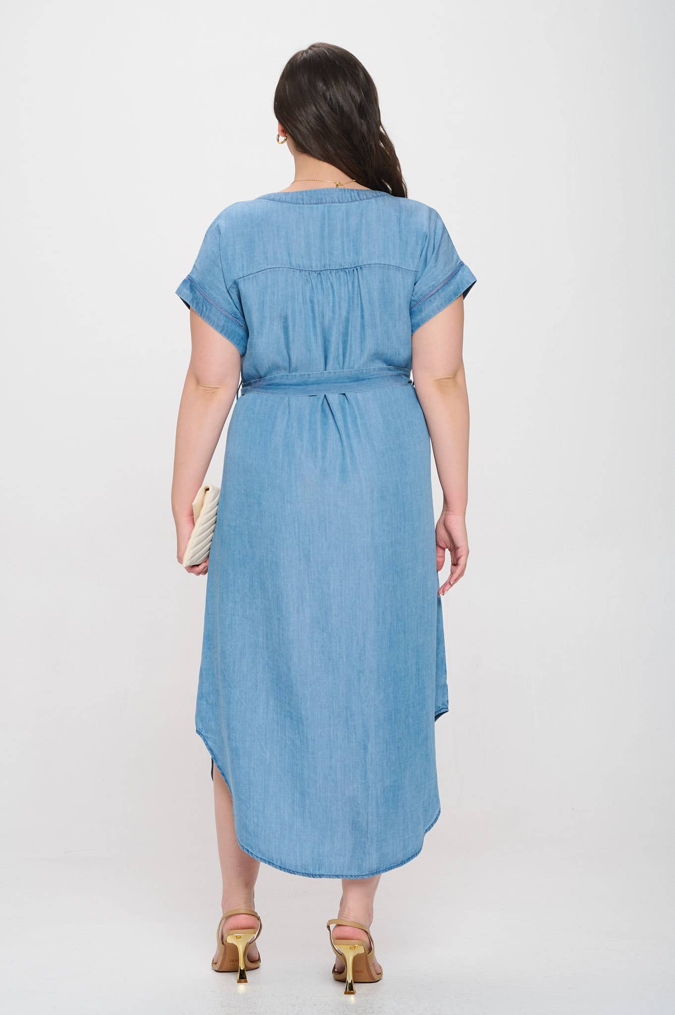 PLUS CHAMBRAY BUTTON DOWN BELTED MIDI DRESS