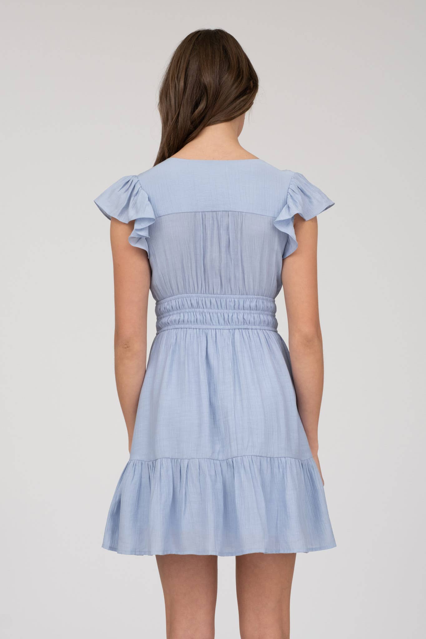 V NECK SHORT SLEEVE RUFFLE DETAIL SHIRRED MINI DRE