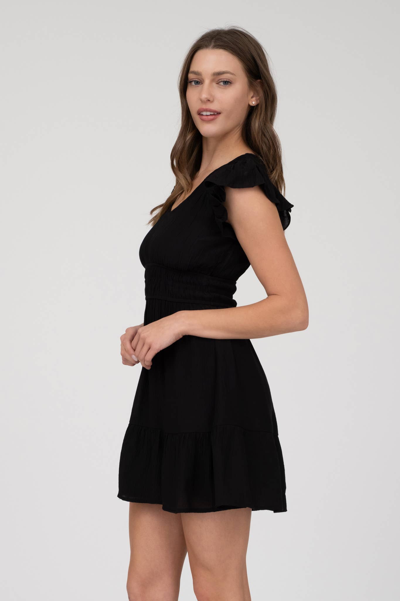 V NECK SHORT SLEEVE RUFFLE DETAIL SHIRRED MINI DRE