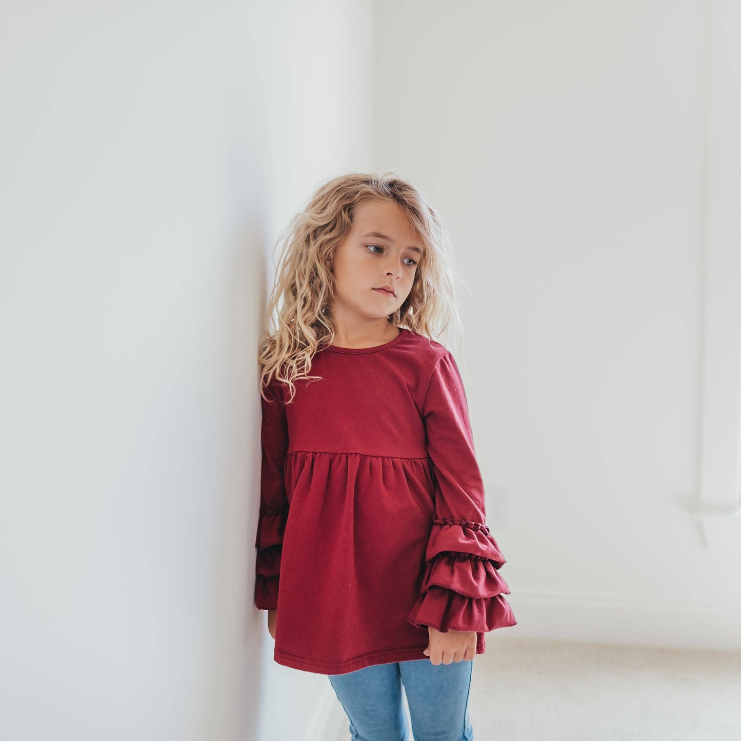 Kids Wine 3 Ruffle Sleeve Blouse Fall Winter Shirt