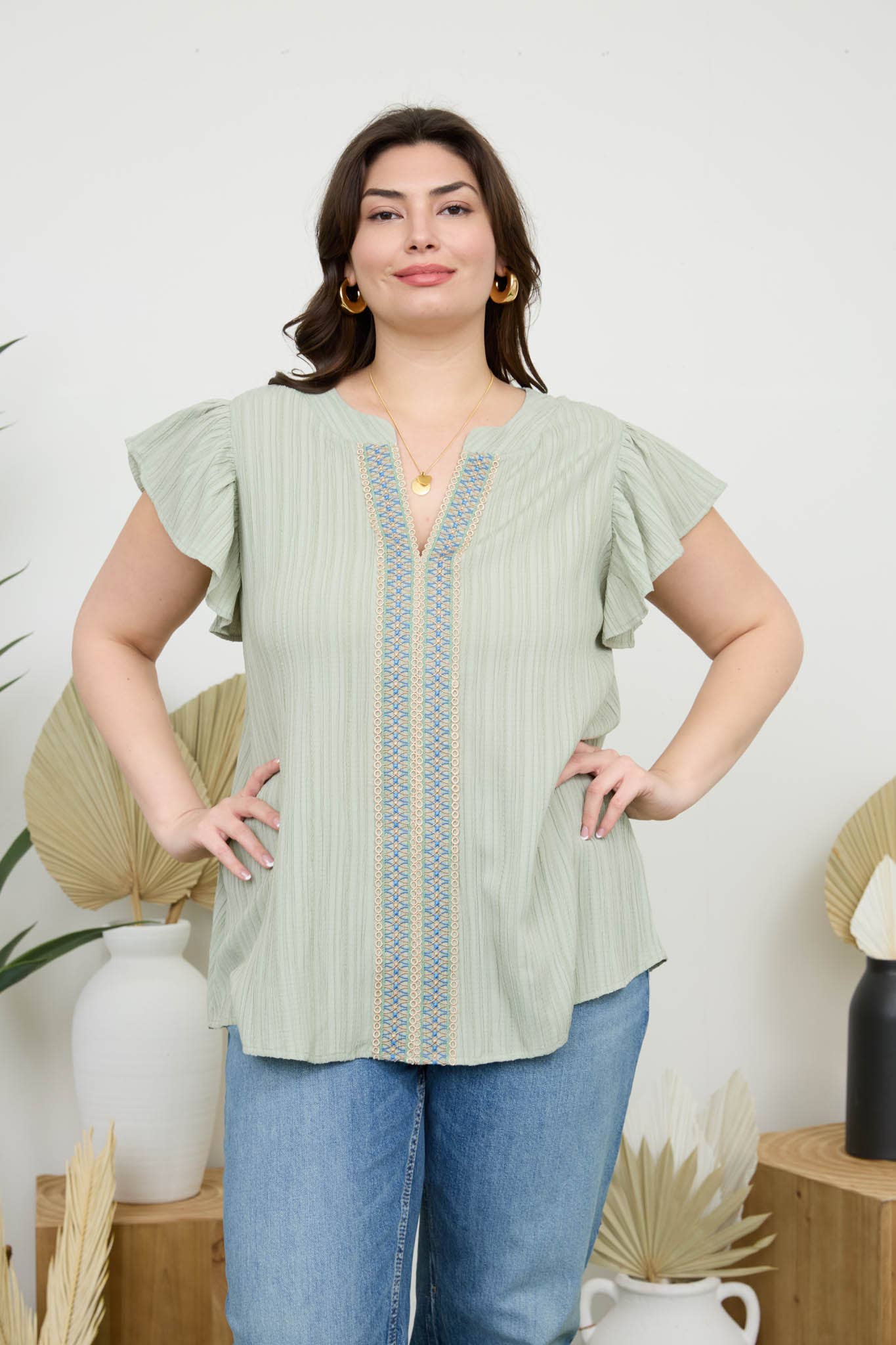PL LACE TRIM CRINKLE BLOUSE