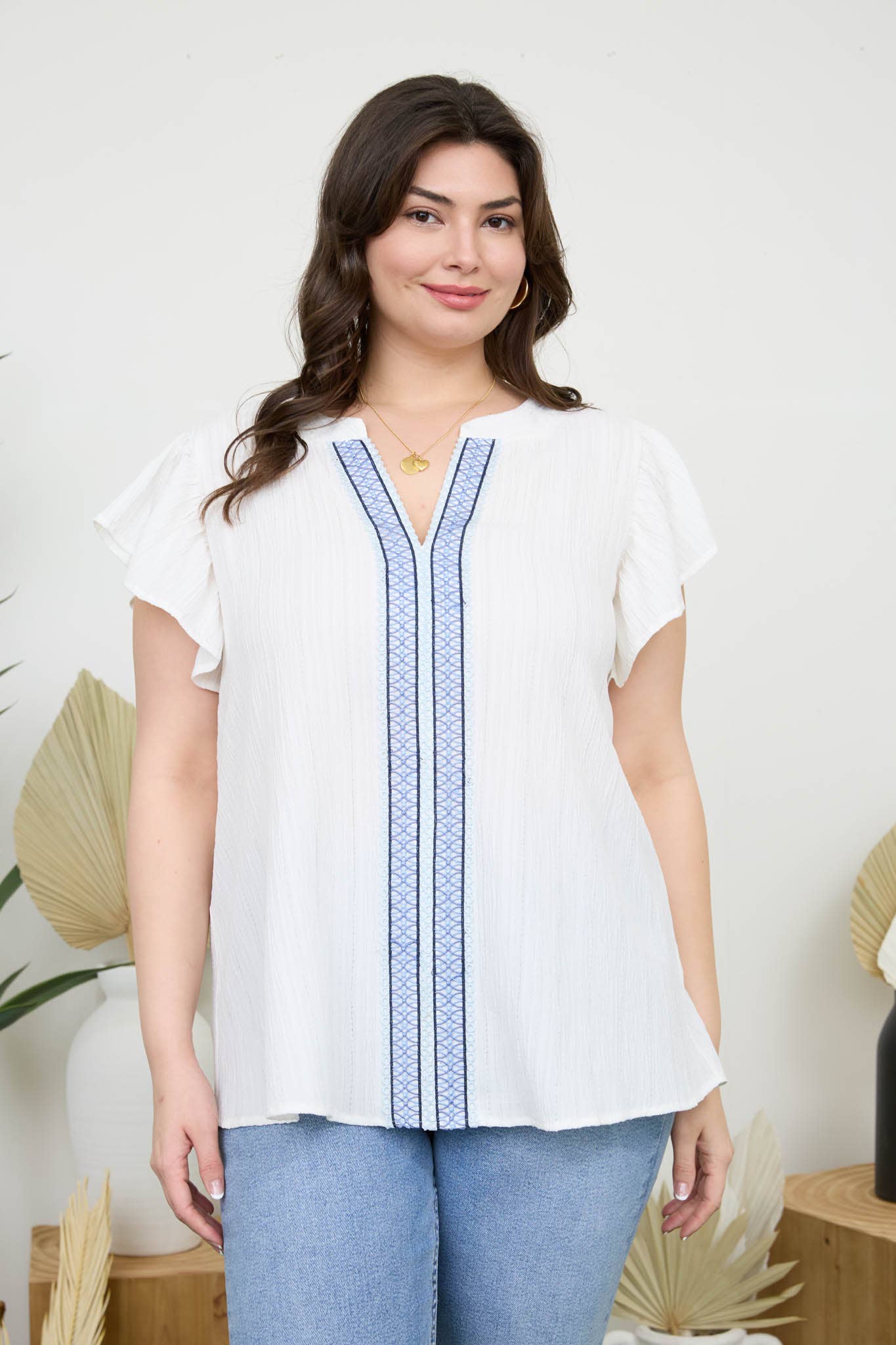 PL LACE TRIM CRINKLE BLOUSE