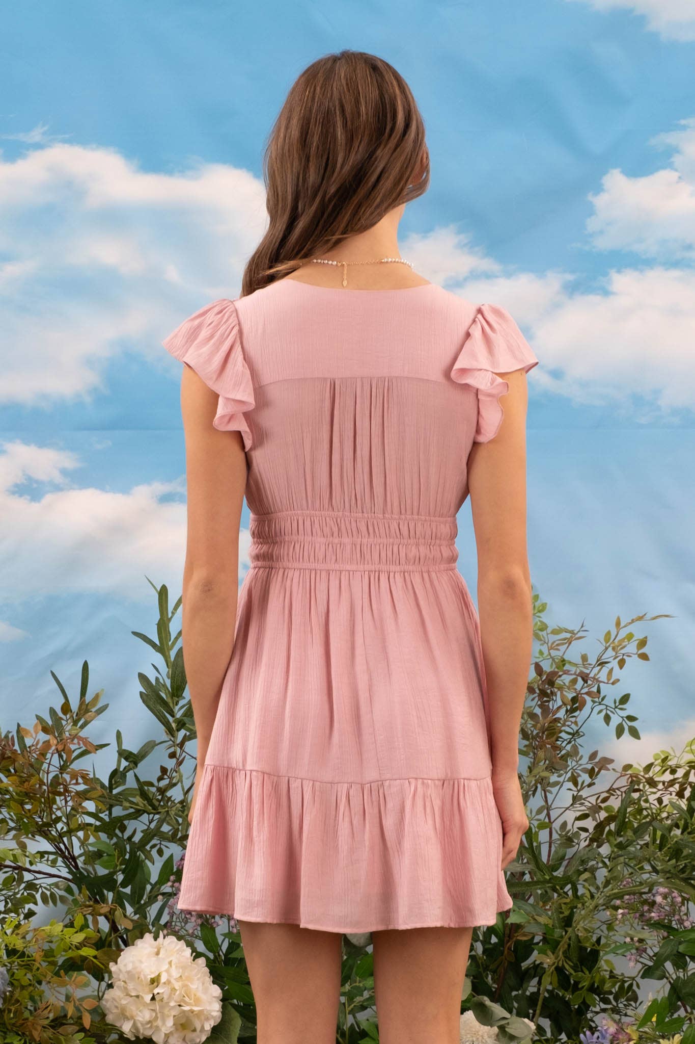 V NECK SHORT SLEEVE RUFFLE DETAIL SHIRRED MINI DRE