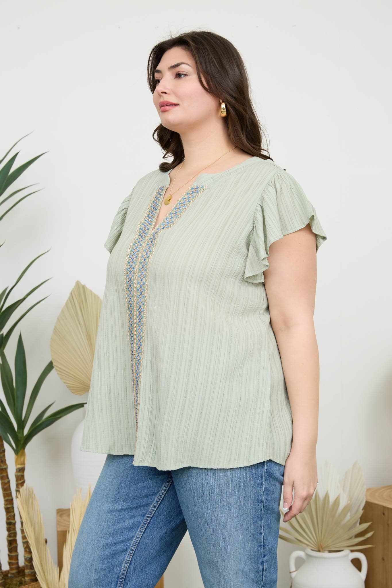 PL LACE TRIM CRINKLE BLOUSE