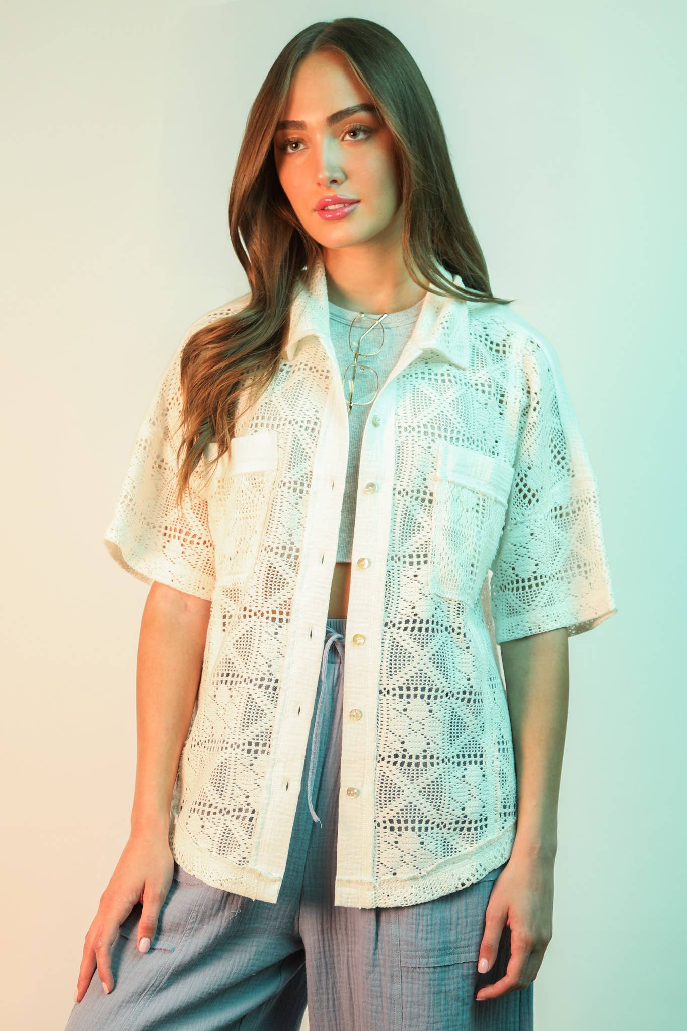 PL Crochet Button Down Shirt Top