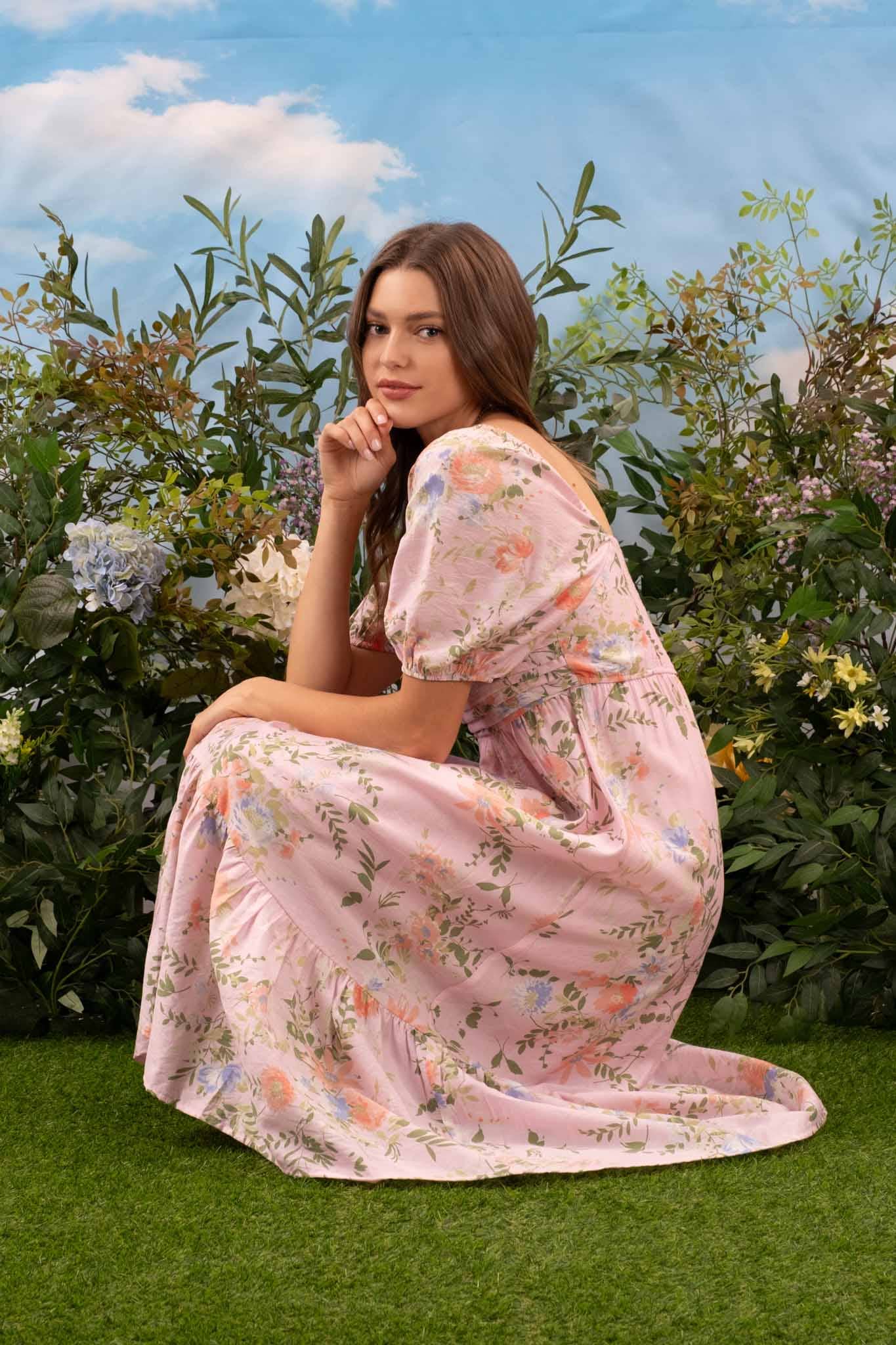 FLORAL PLEATED FRONT BALLOON SLEEVE MIDI DRESS Toodleydoo Toys FLORAL PLEATED FRONT BALLOON SLEEVE MIDI DRESS Toodleydoo Toys
