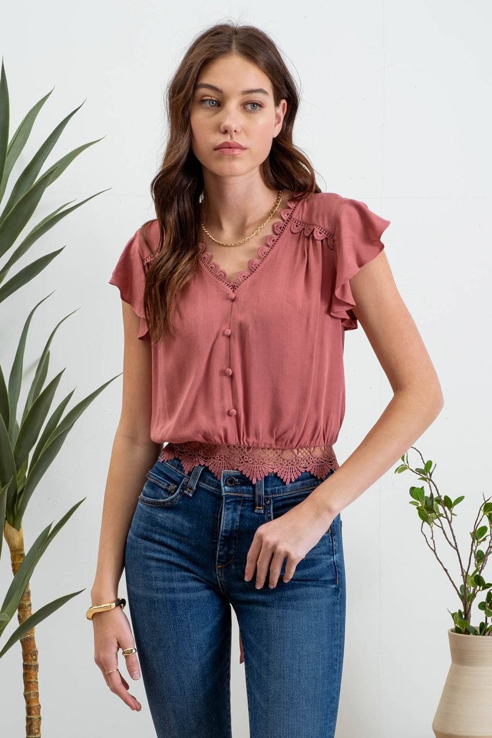 SCALLOP LACE TRIM BACK TIE CROP TOP