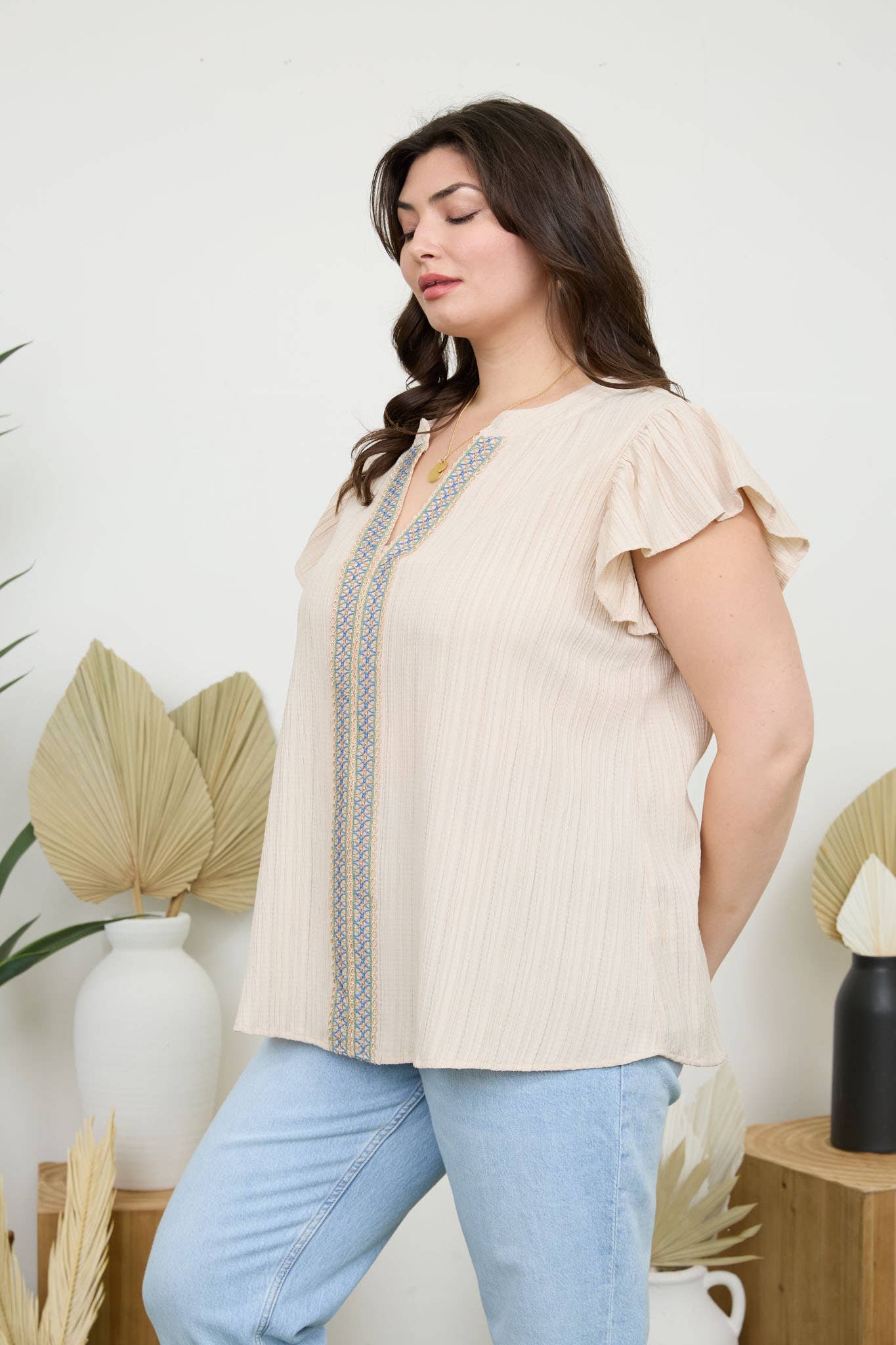 PL LACE TRIM CRINKLE BLOUSE