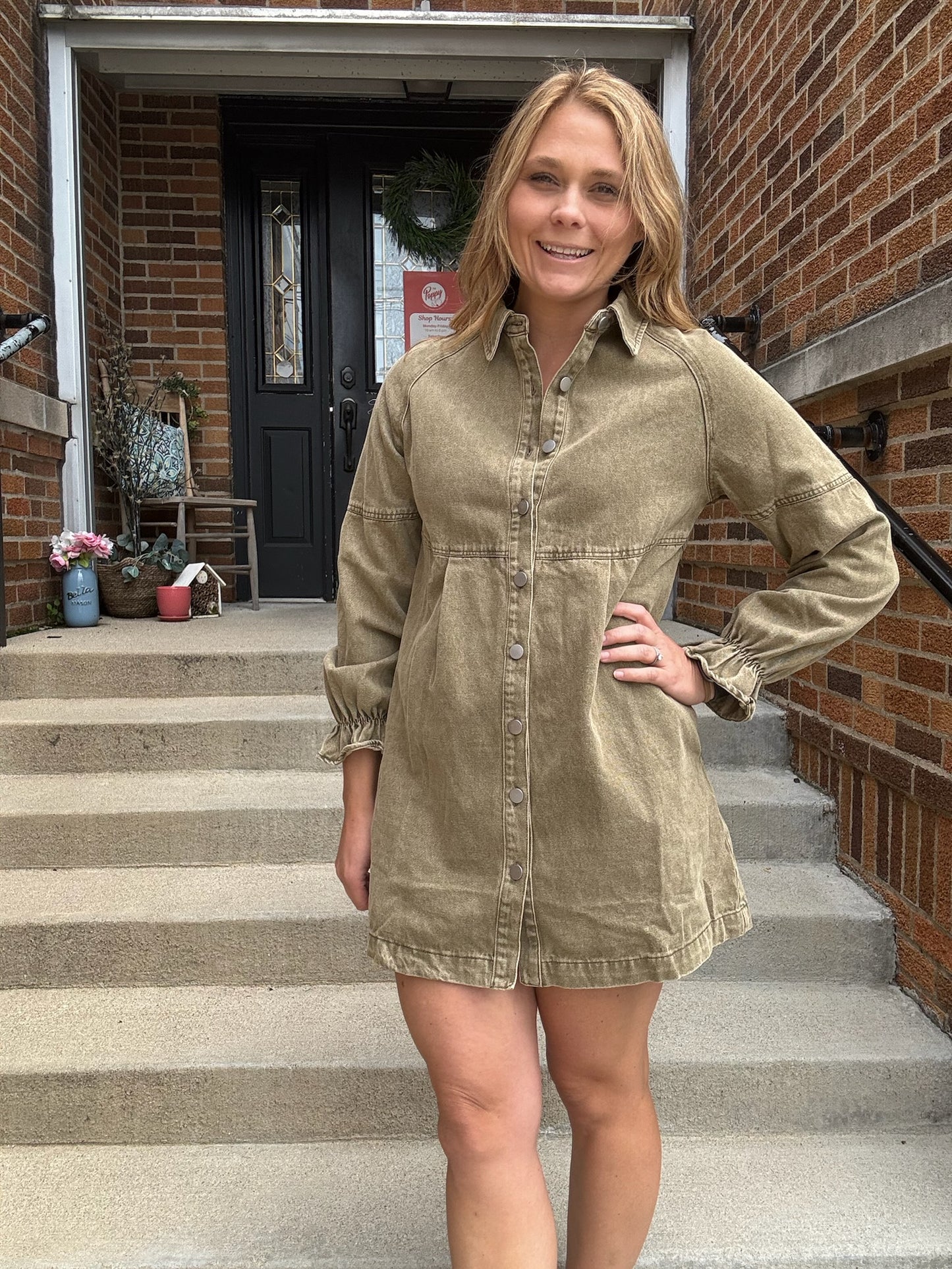 Olive Denim Button Down Dress