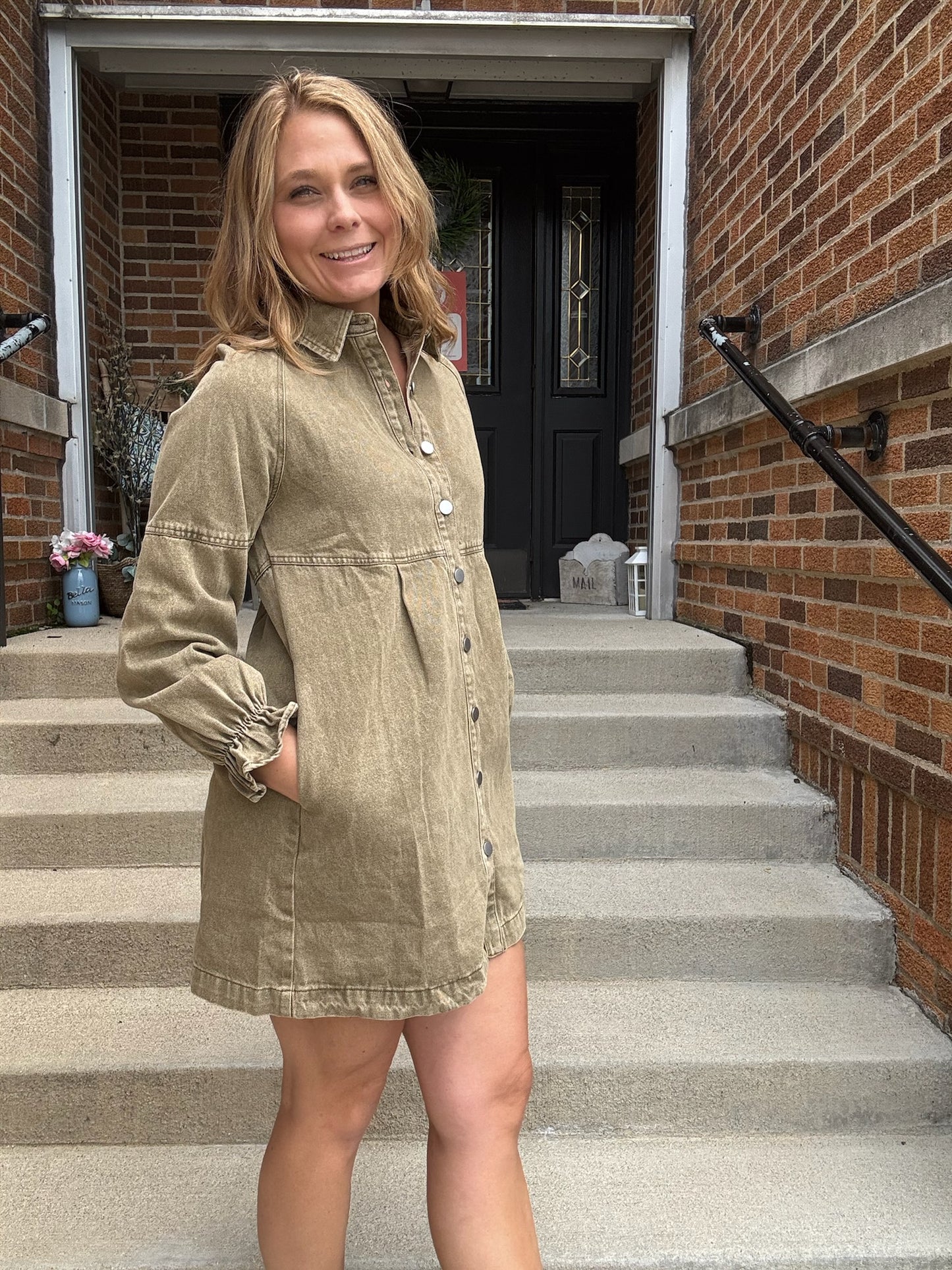 Olive Denim Button Down Dress