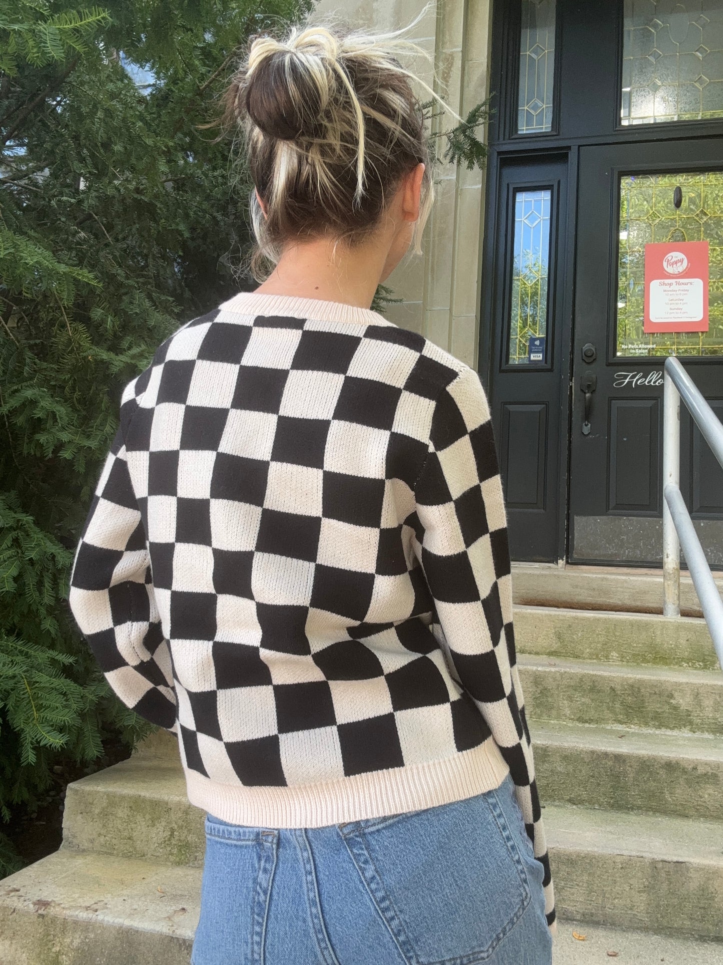 Tie-Front Checkered Knit Cardigan