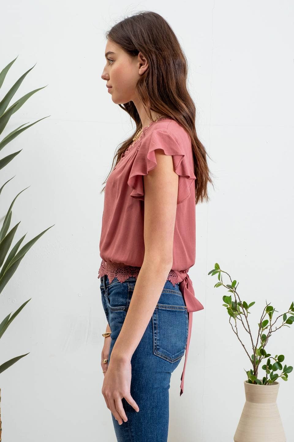 SCALLOP LACE TRIM BACK TIE CROP TOP