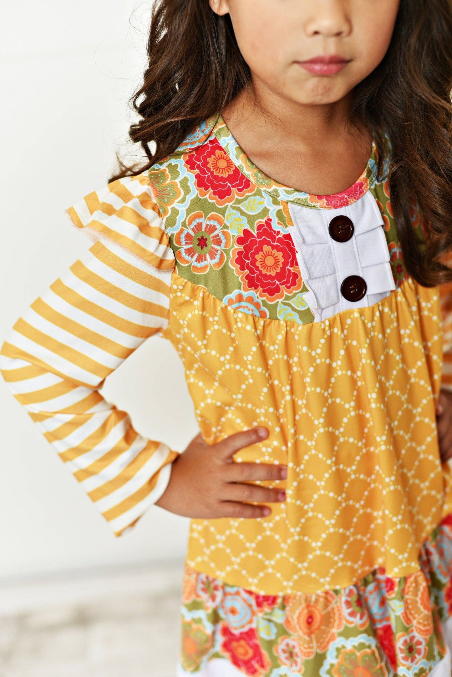 Mustard Stripe Floral Tunic & Ruffle Leggings Fall Set