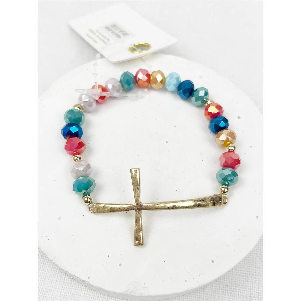 Hammered Cross Crystal Mix Beads Bracelet