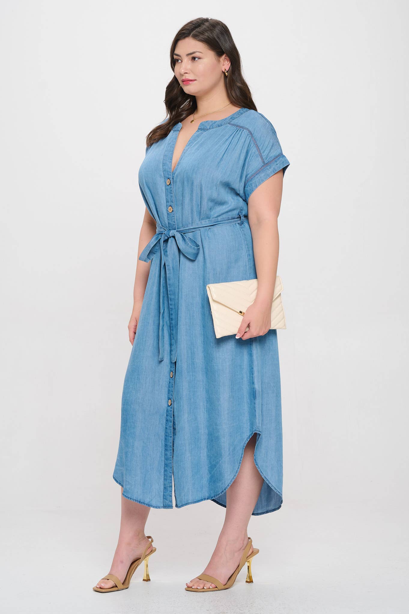 PLUS CHAMBRAY BUTTON DOWN BELTED MIDI DRESS