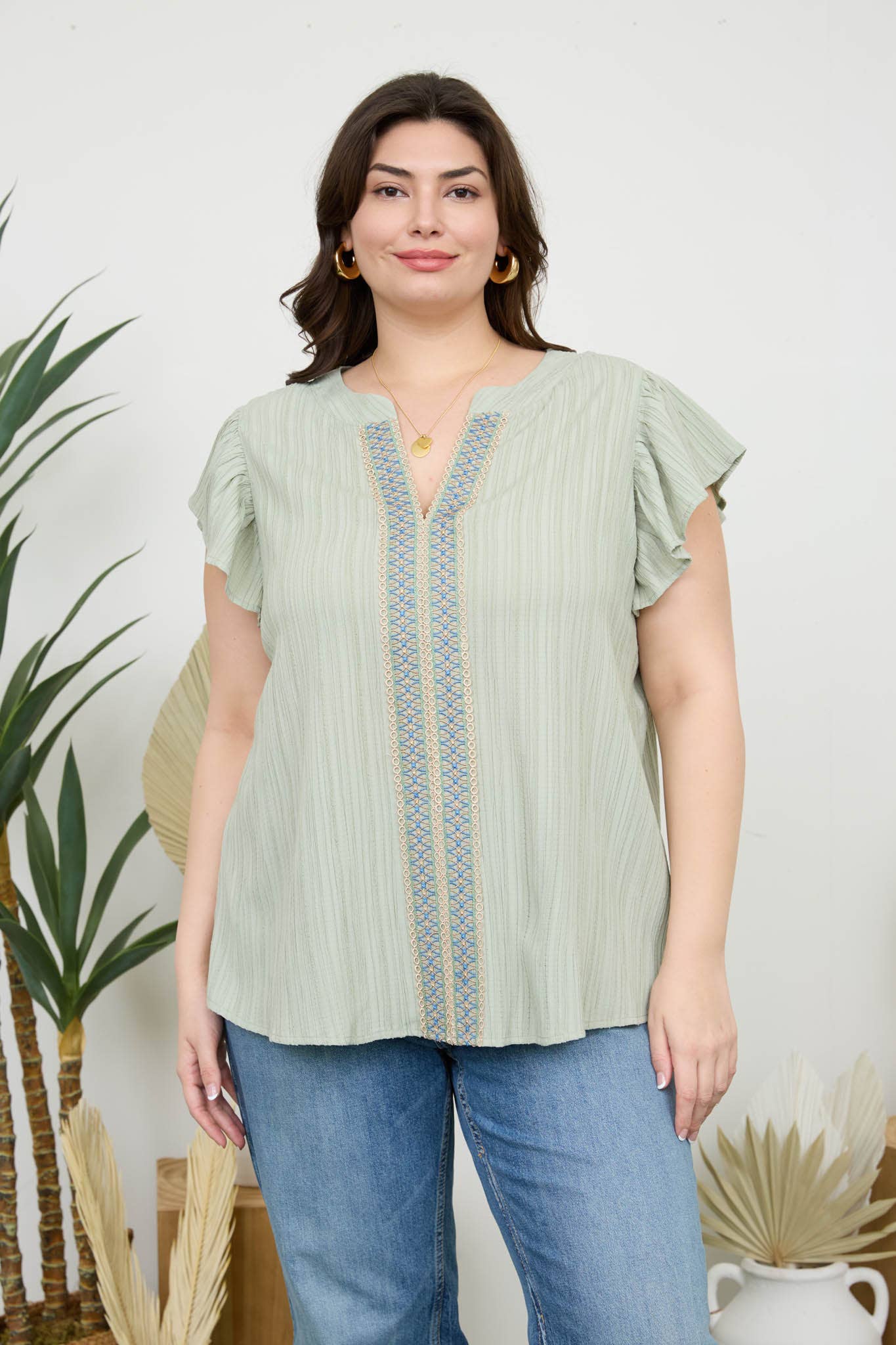 PL LACE TRIM CRINKLE BLOUSE