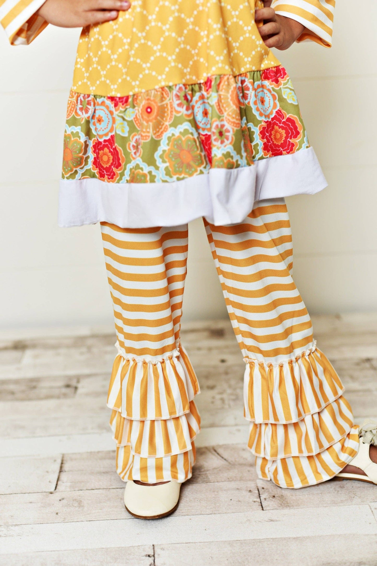 Mustard Stripe Floral Tunic & Ruffle Leggings Fall Set