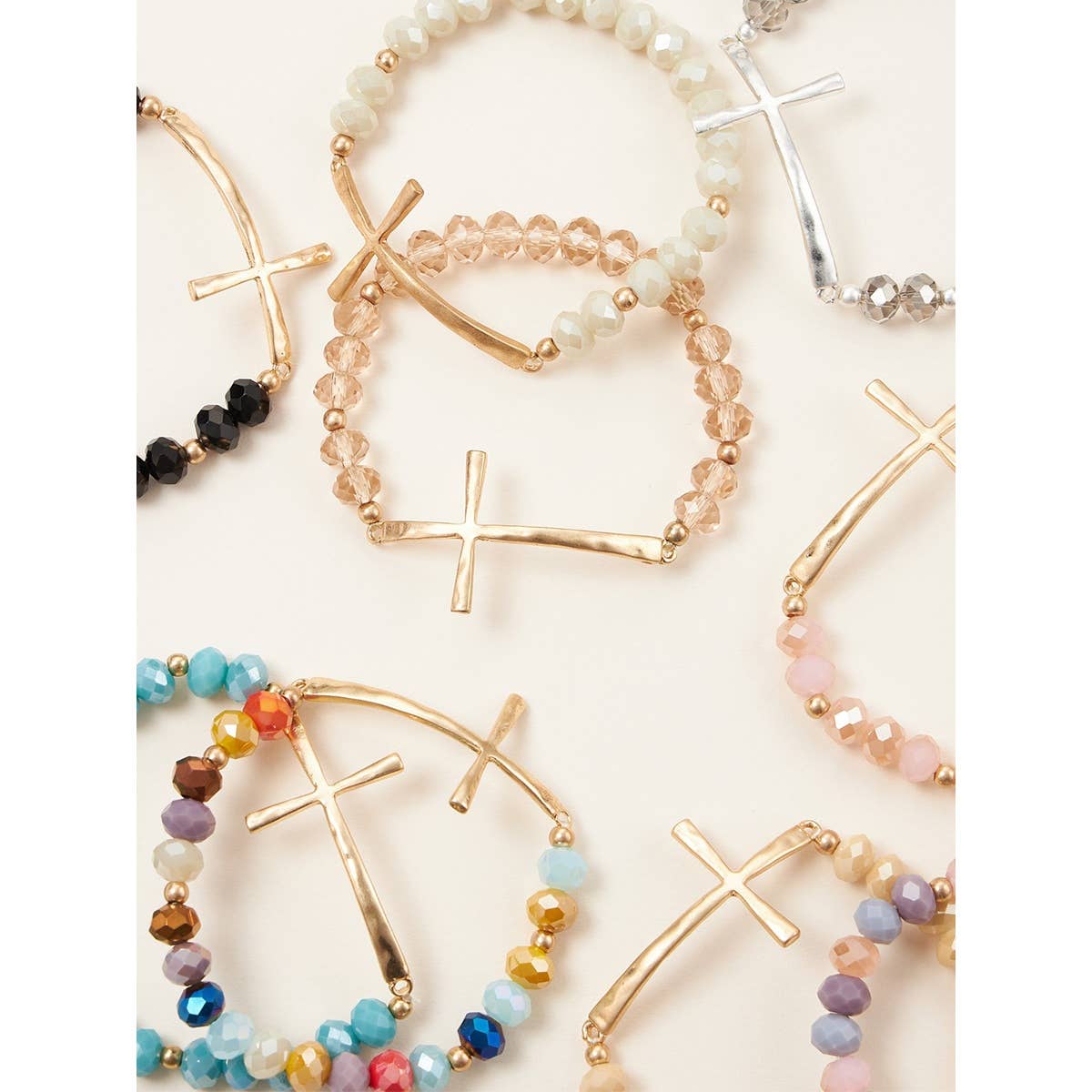 Hammered Cross Crystal Mix Beads Bracelet