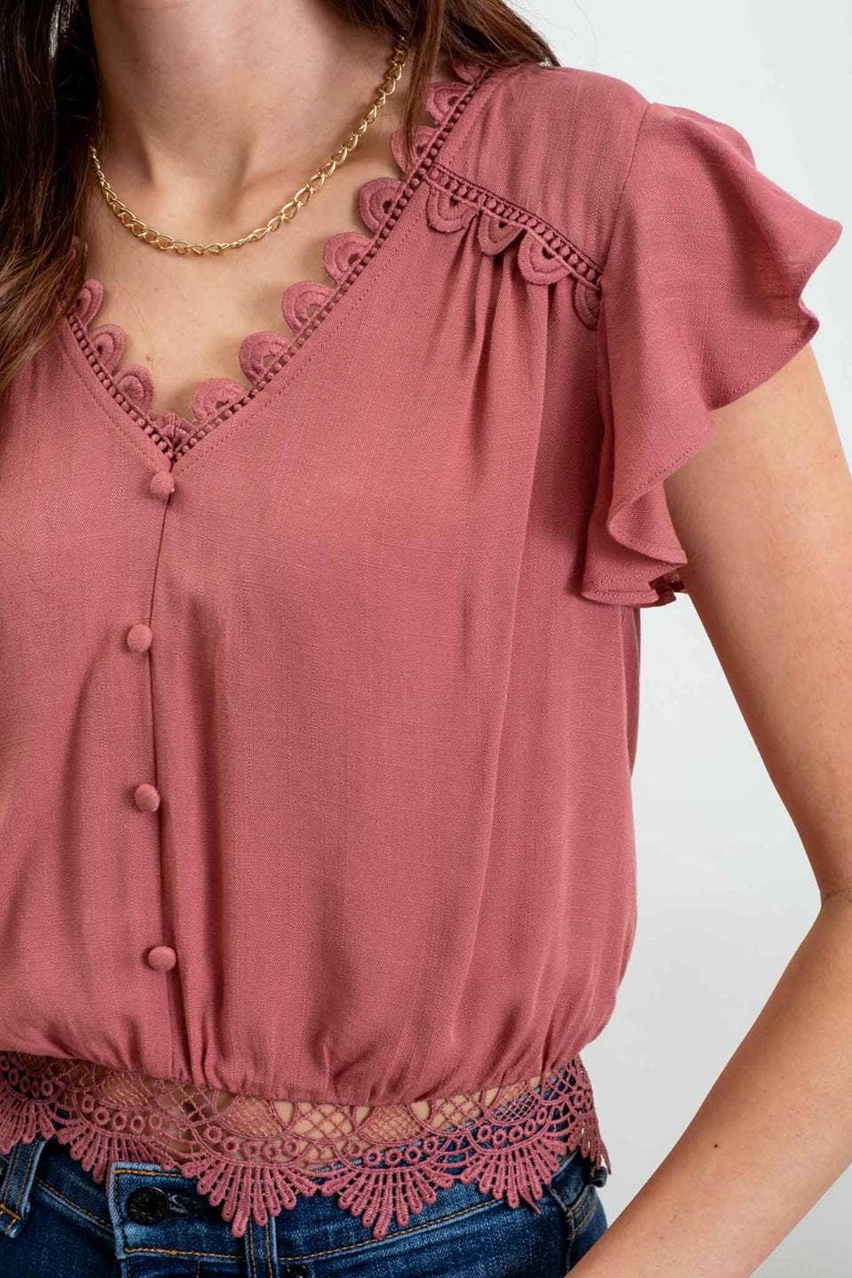 SCALLOP LACE TRIM BACK TIE CROP TOP