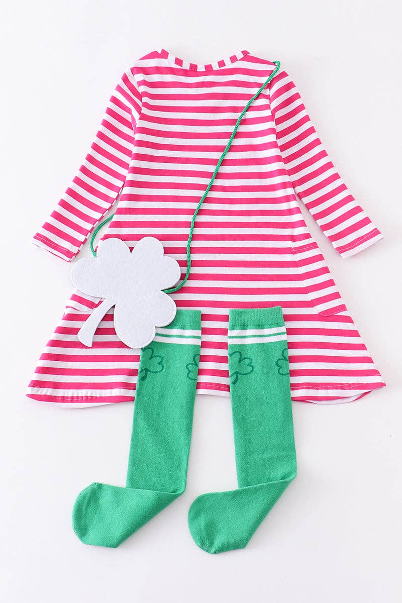 Pink stripe clover dress 3pc girl set