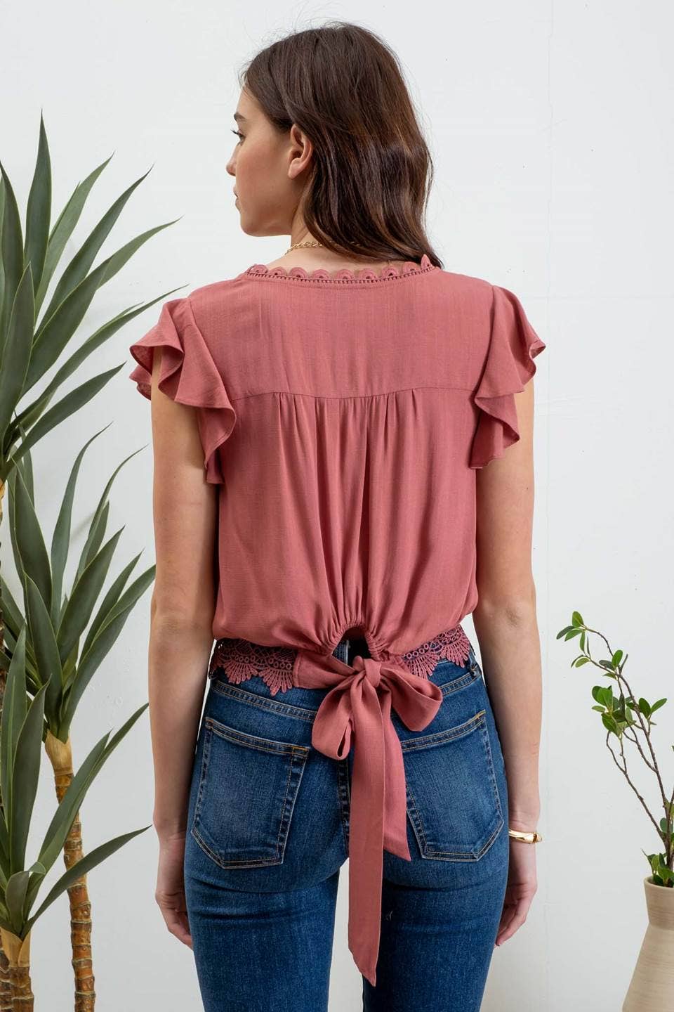 SCALLOP LACE TRIM BACK TIE CROP TOP