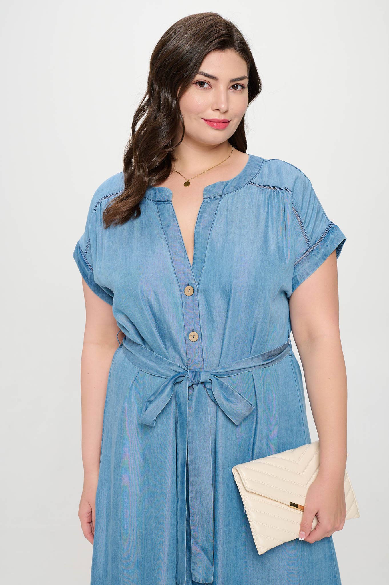 PLUS CHAMBRAY BUTTON DOWN BELTED MIDI DRESS