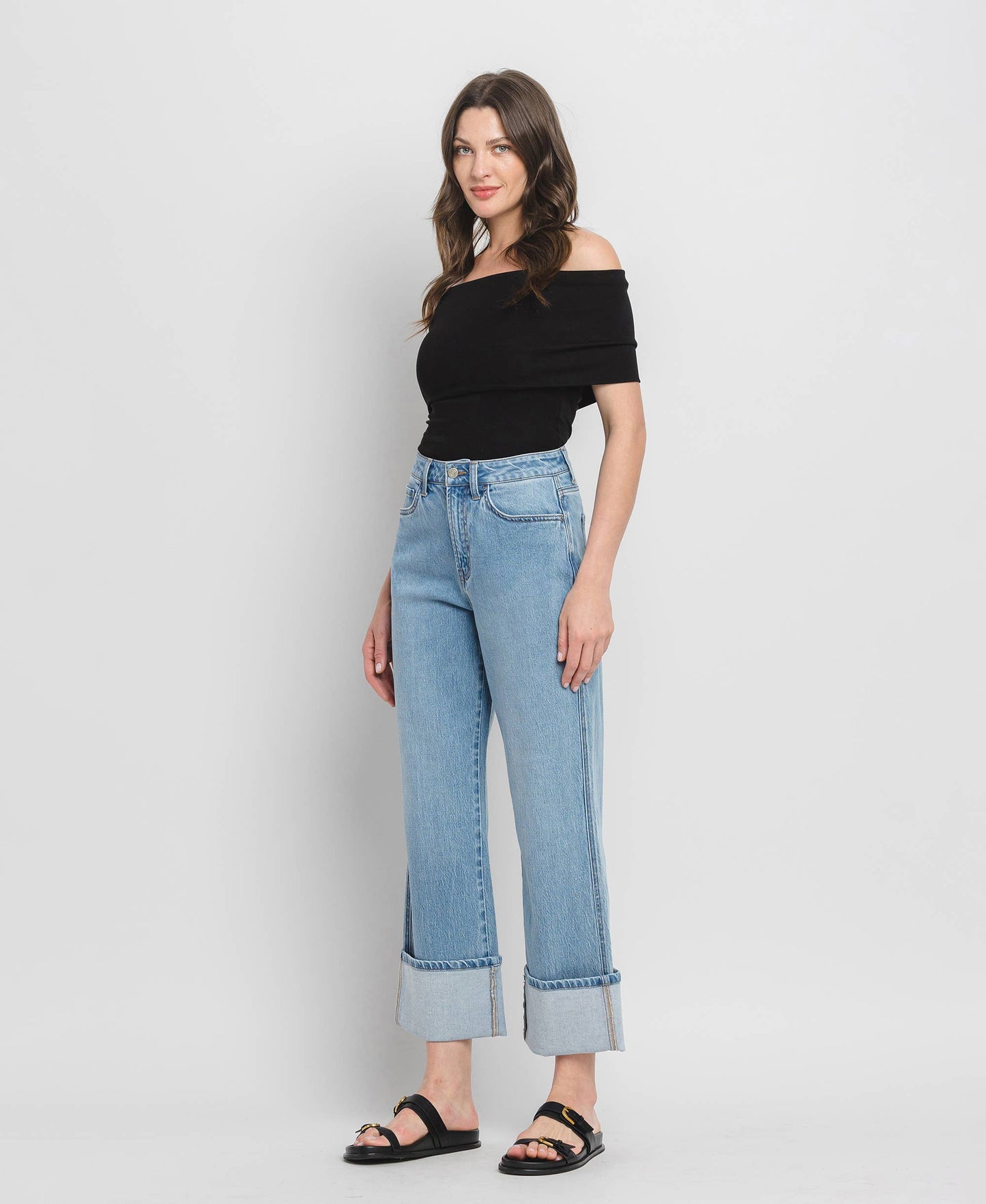 Gabby SUPER HIGH RISE CUFF BAGGY STRAIGHT JEANS T6513