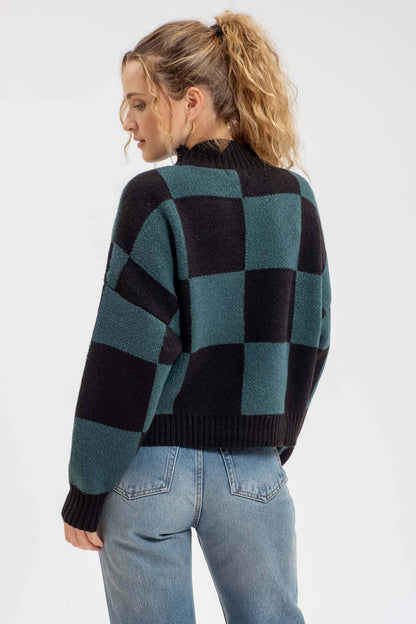 CHECKERED MOCK NECK KNIT PULLOVER SWEATER