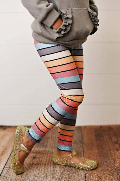 Gray Ruffle Hoodie Rainbow Stripe Leggings Set