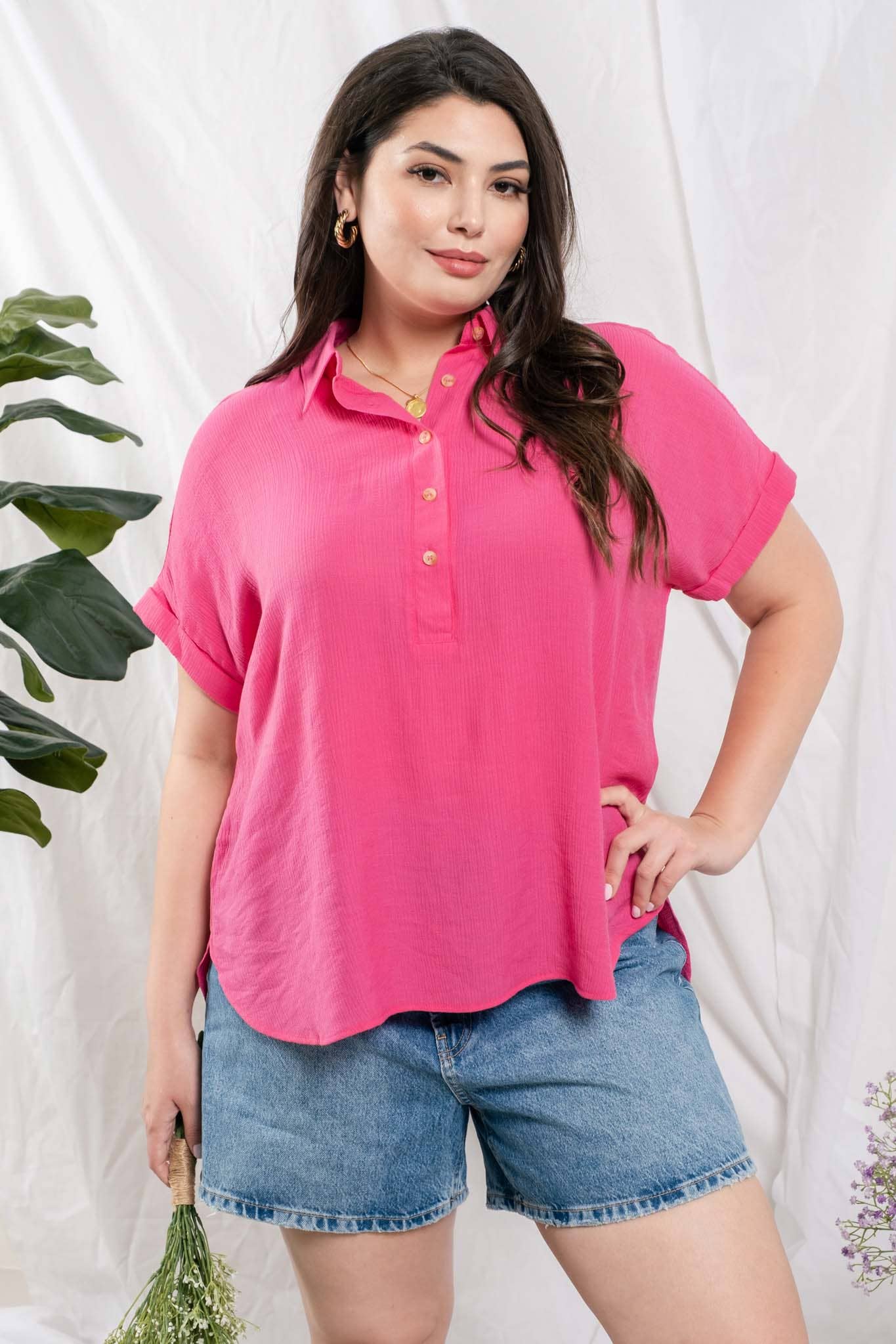 PL BUTTON DOWN CUFFED SHORT SLEEVE TOP
