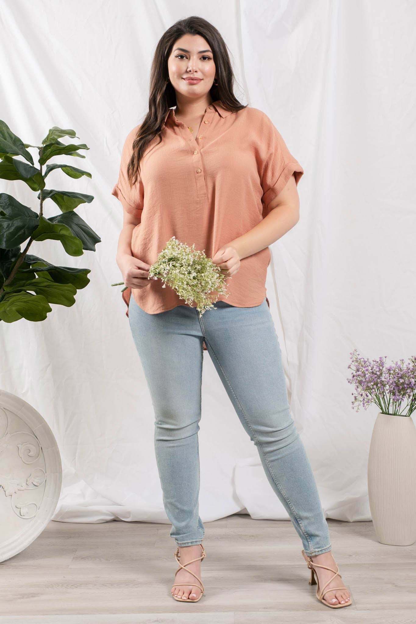 PL BUTTON DOWN CUFFED SHORT SLEEVE TOP