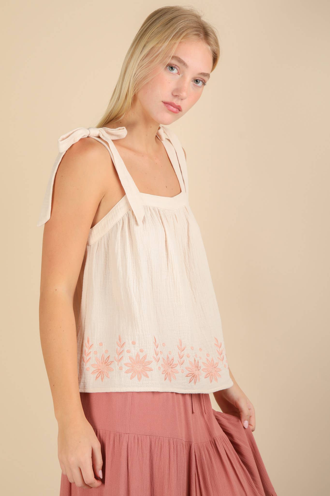 Floral Embroidered Ribbon Tie Top