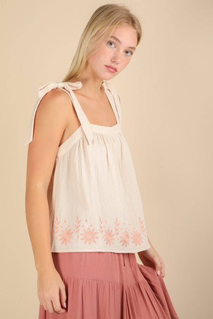 Floral Embroidered Ribbon Tie Top
