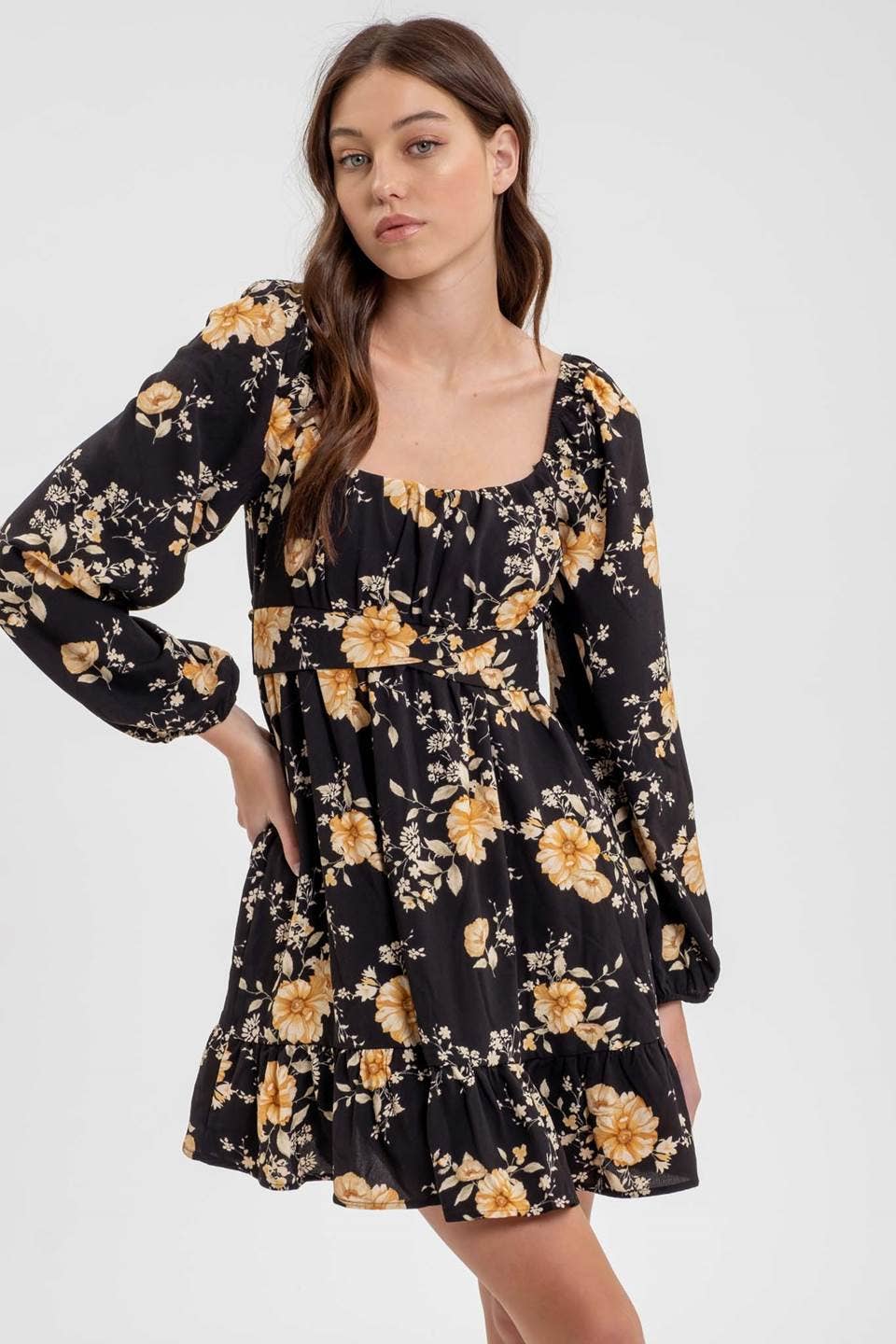 FLORAL LONG SLEEVE BACK TIE MINI DRESS