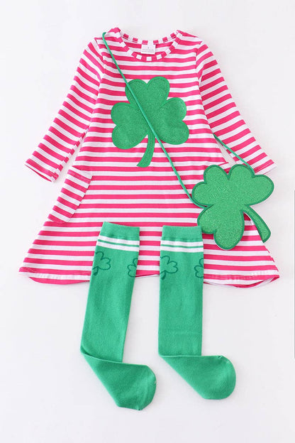 Pink stripe clover dress 3pc girl set