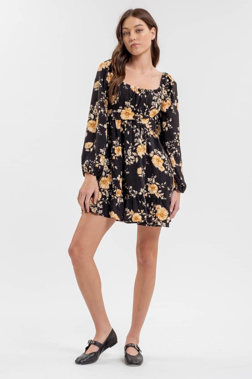 FLORAL LONG SLEEVE BACK TIE MINI DRESS