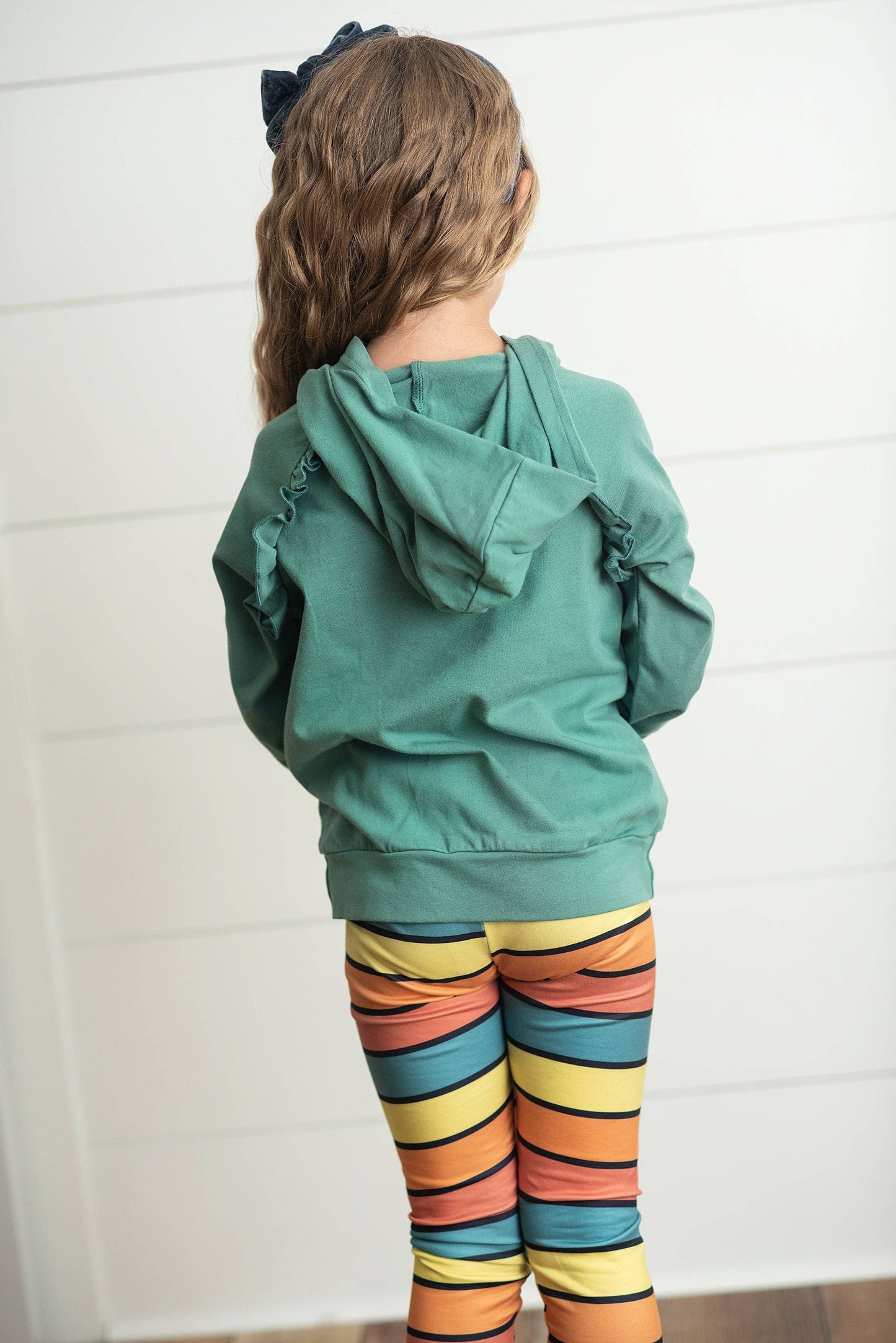 Sage Ruffle Hoodie Rainbow Stripe Leggings Set