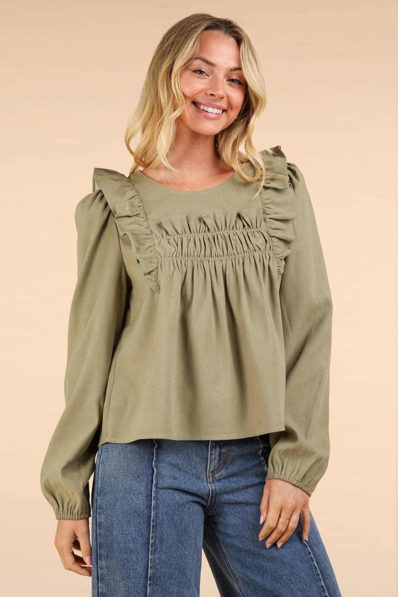 Ruffle Shoulder Woven Blouse