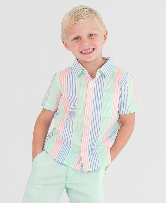 Multi-Color Seersucker Short Sleeve Button Down Shirt