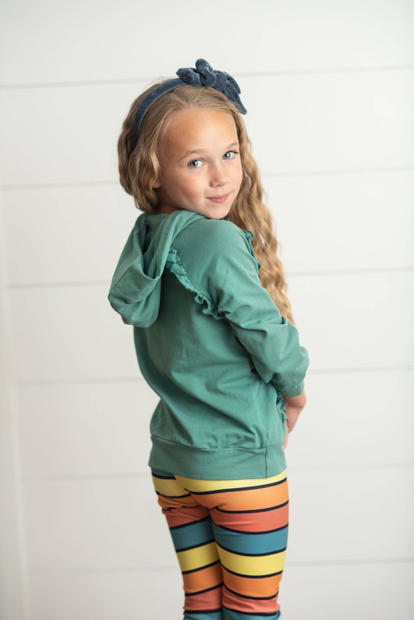 Sage Ruffle Hoodie Rainbow Stripe Leggings Set