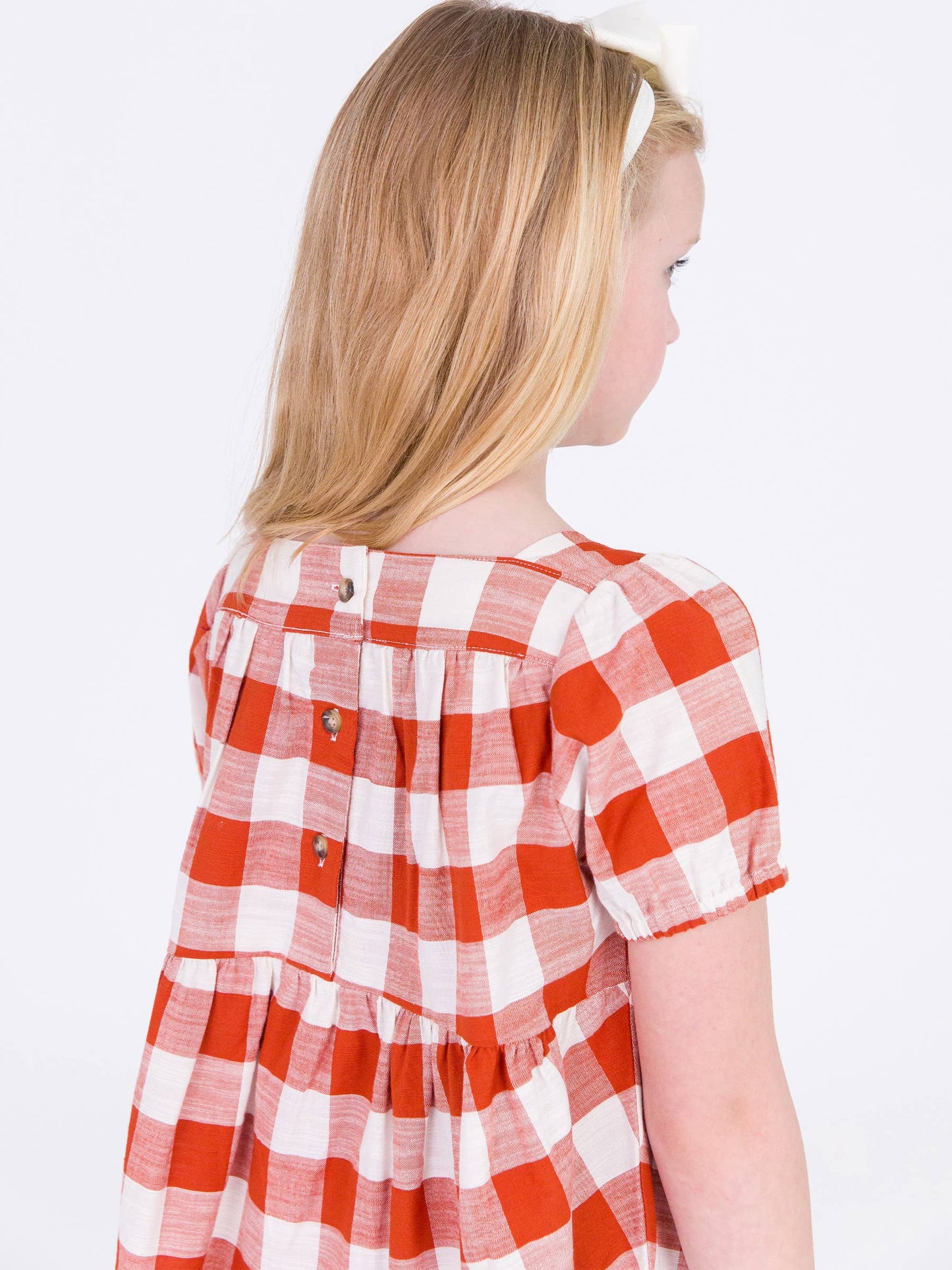 Rust Plaid Puff Short Sleeve Tiered Dress