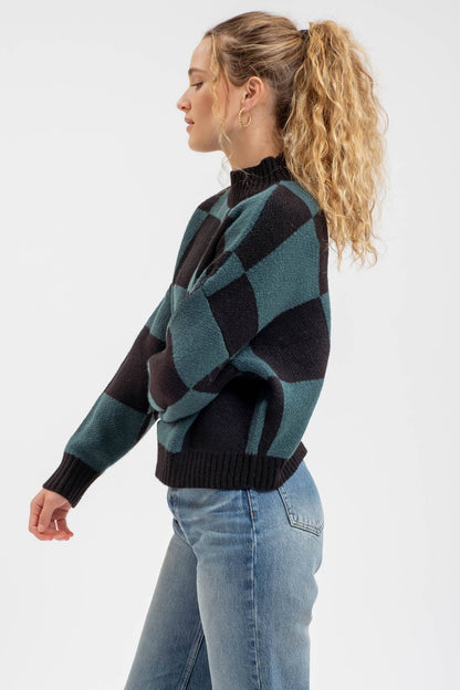 CHECKERED MOCK NECK KNIT PULLOVER SWEATER