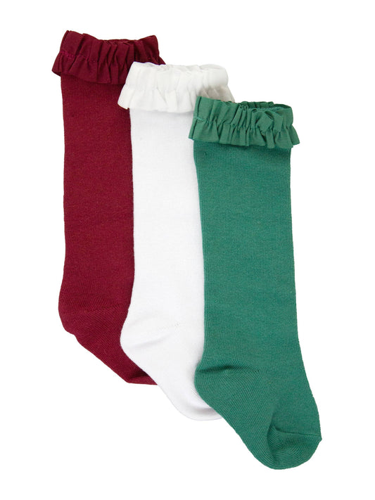 Cherry, White, & Fir Green 3-Pack Knee High Ruffle Socks