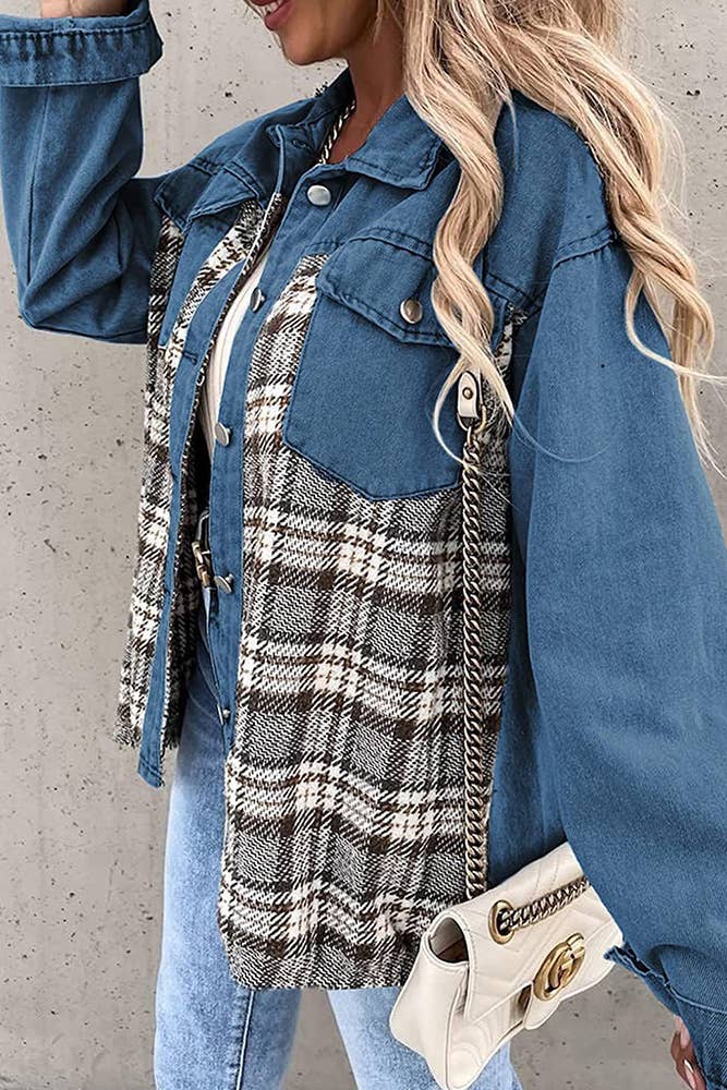 Green & Plaid Splicing Denim Jacket ZZKF1085