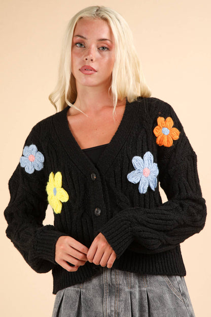 Flower Applique Knit Sweater Cardigan