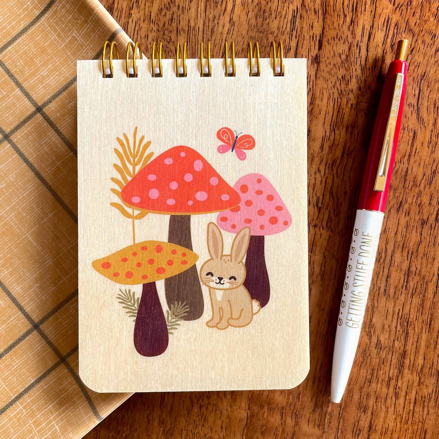 Rabbit Mushrooms Wood Mini Notepad