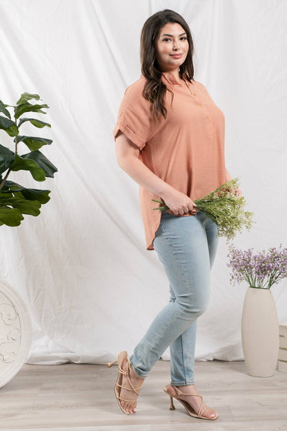 PL BUTTON DOWN CUFFED SHORT SLEEVE TOP